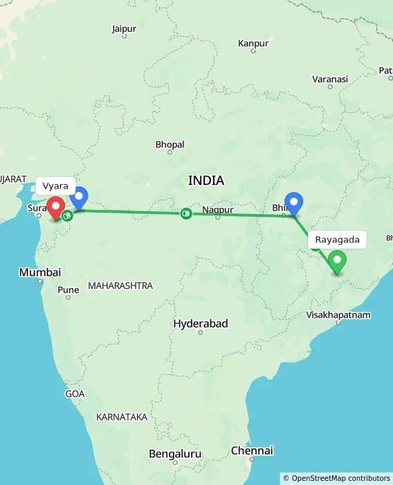 Route map showing distance and travel time from Rayagada, India to Vyara, India
