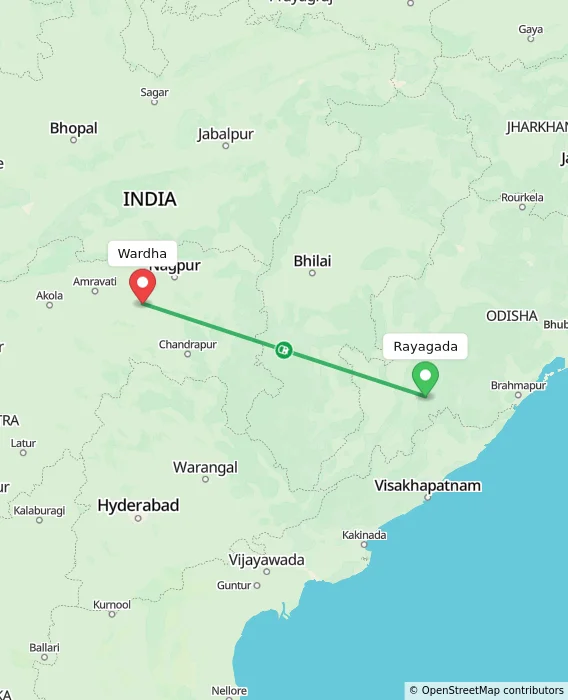 Route map showing distance and travel time from Rayagada, India to Wardha, India