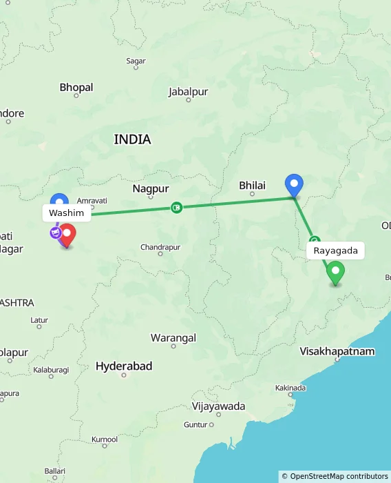 Route map showing distance and travel time from Rayagada, India to Washim, India