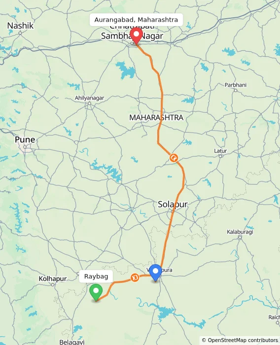 Route map showing distance and travel time from Raybag, India to Aurangabad, Maharashtra, India