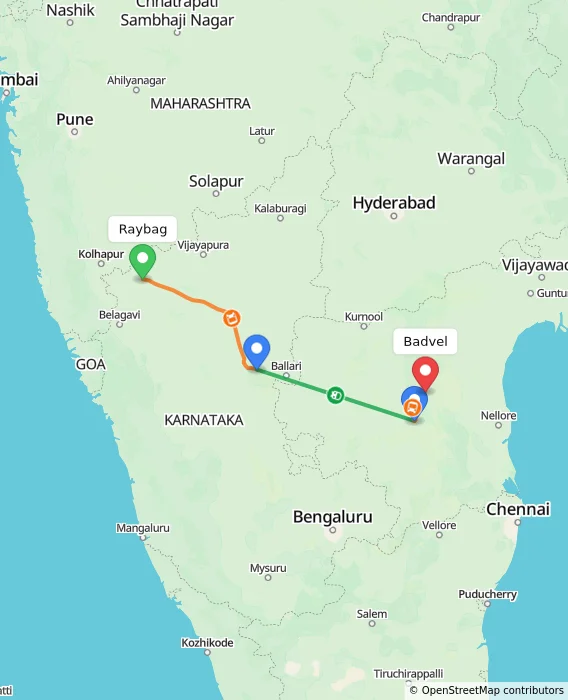 Route map showing distance and travel time from Raybag, India to Badvel, India