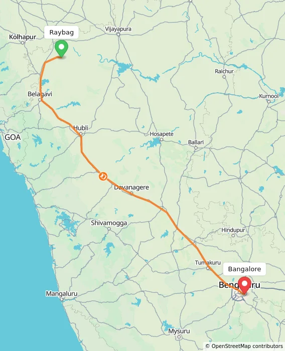 Route map showing distance and travel time from Raybag, India to Bangalore, India
