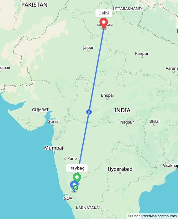 Route map showing distance and travel time from Raybag, India to Delhi, India
