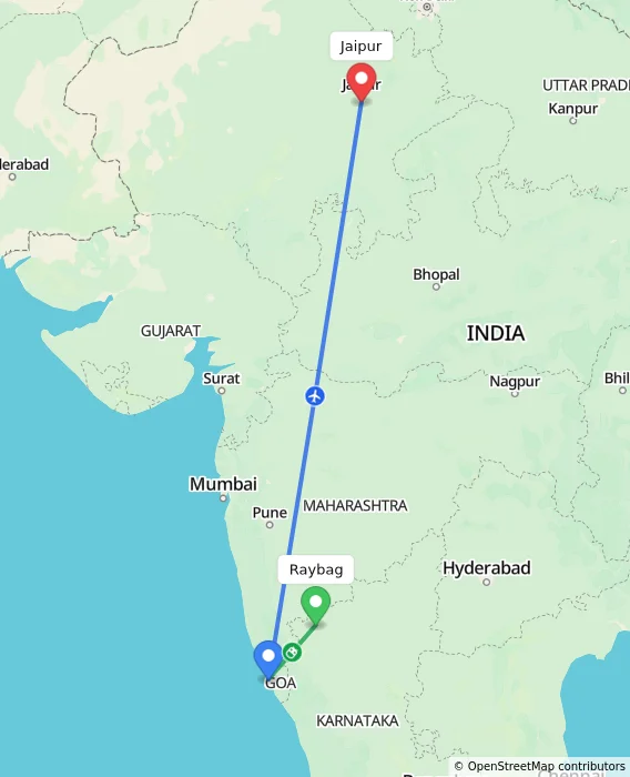 Route map showing distance and travel time from Raybag, India to Jaipur, India
