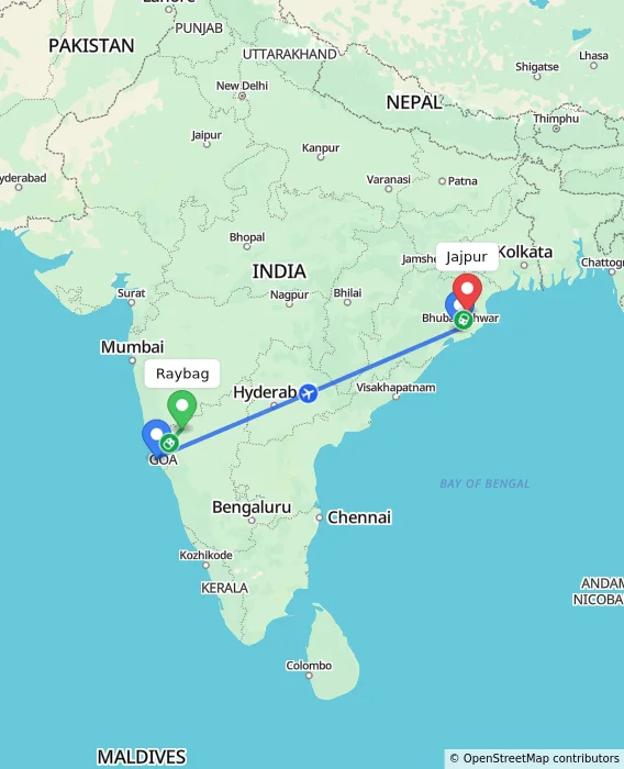 Route map showing distance and travel time from Raybag, India to Jajpur, India