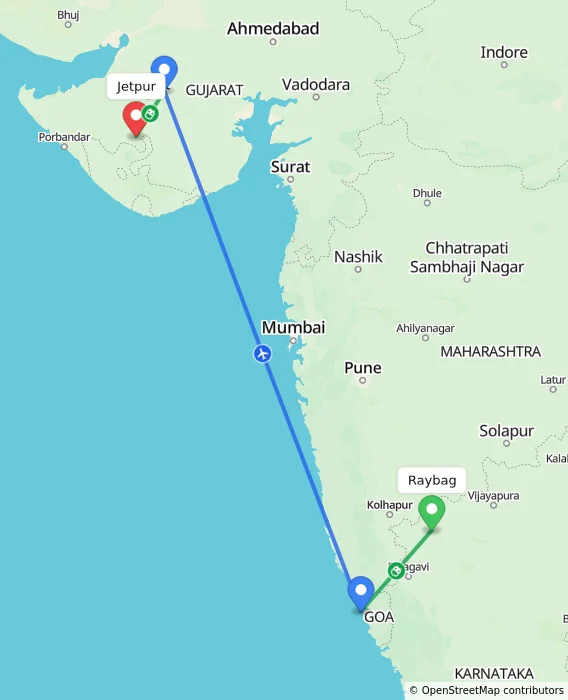 Route map showing distance and travel time from Raybag, India to Jetpur, India