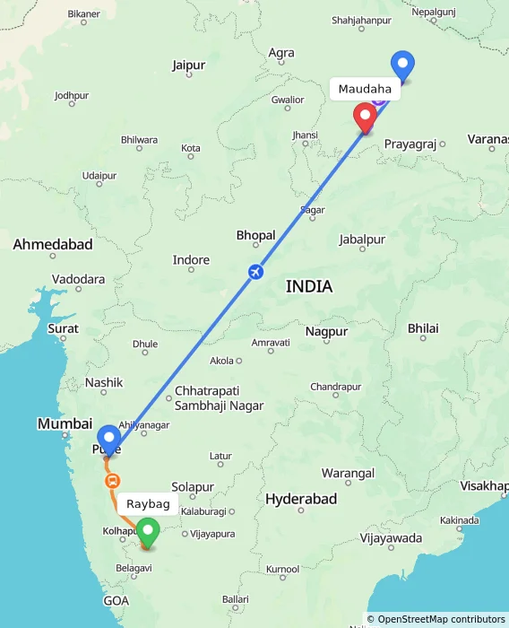 Route map showing distance and travel time from Raybag, India to Maudaha, India