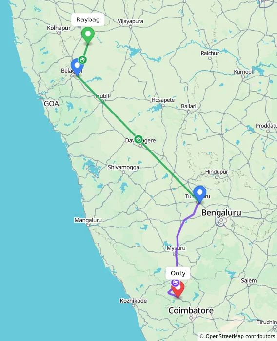 Route map showing distance and travel time from Raybag, India to Ooty, India