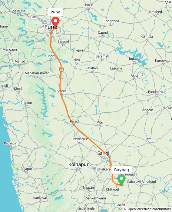 Route map showing distance and travel time from Raybag, India to Pune, India
