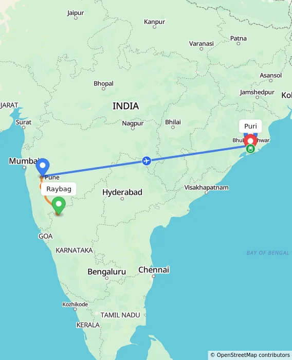 Route map showing distance and travel time from Raybag, India to Puri, India