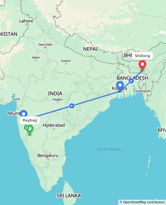 Route map showing distance and travel time from Raybag, India to Shillong, India
