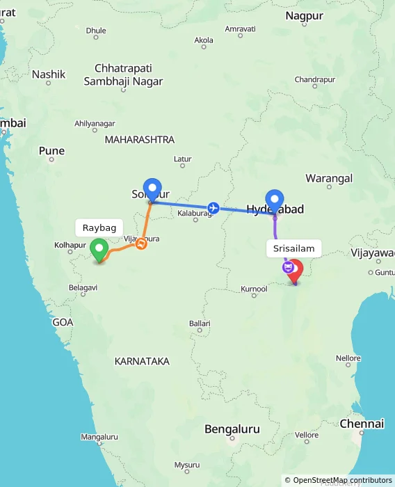 Route map showing distance and travel time from Raybag, India to Srisailam, India