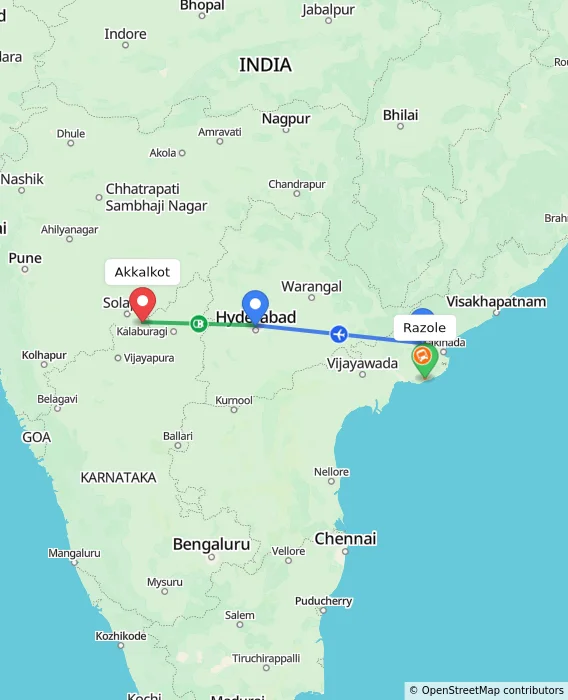 Route map showing distance and travel time from Razole, India to Akkalkot, India
