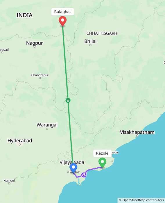 Route map showing distance and travel time from Razole, India to Balaghat, India
