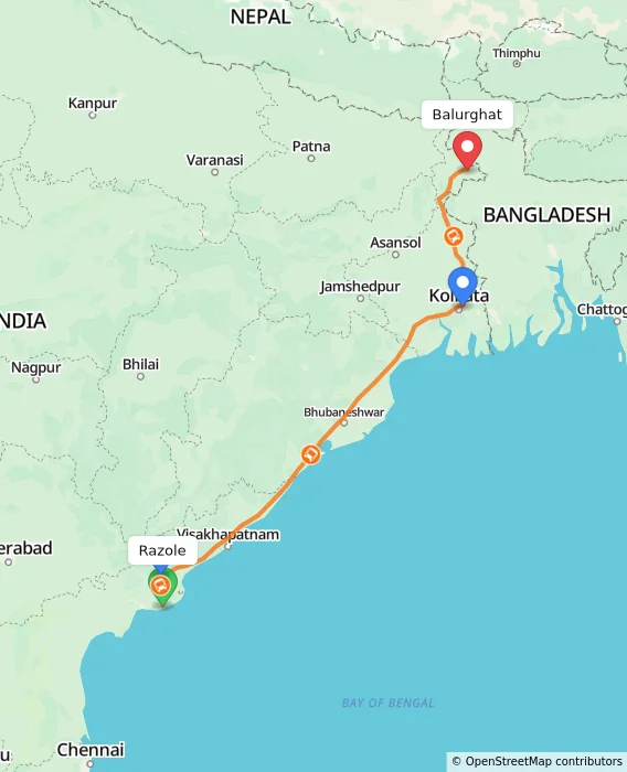 Route map showing distance and travel time from Razole, India to Balurghat, India