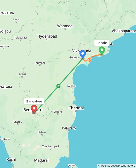 Route map showing distance and travel time from Razole, India to Bangalore, India