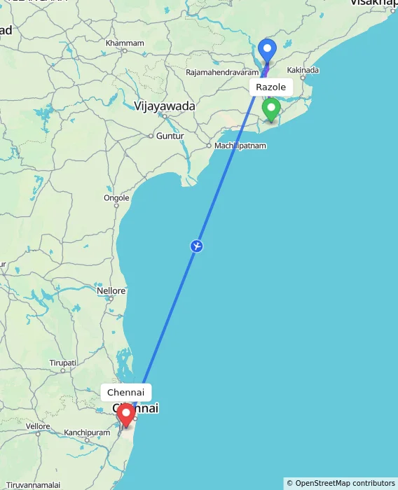 Route map showing distance and travel time from Razole, India to Chennai, India