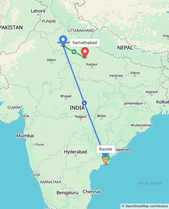 Route map showing distance and travel time from Razole, India to Farrukhabad, India