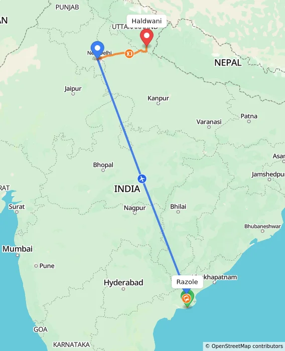 Route map showing distance and travel time from Razole, India to Haldwani, India