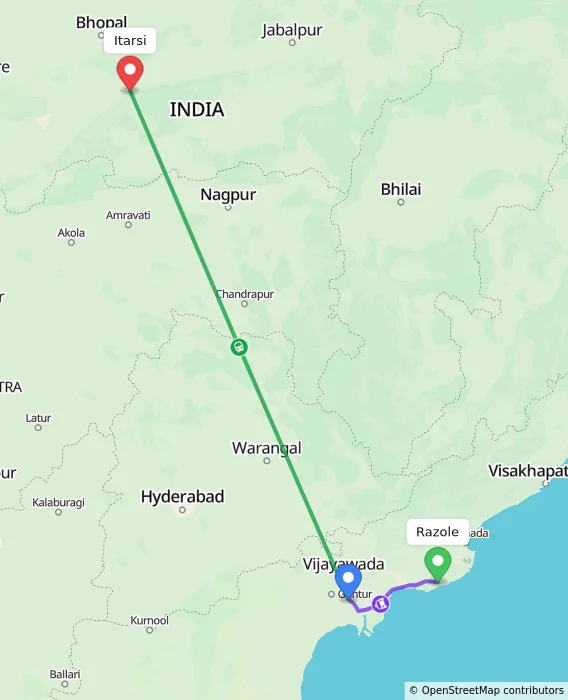 Route map showing distance and travel time from Razole, India to Itarsi, India
