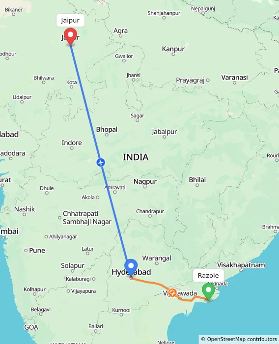 Route map showing distance and travel time from Razole, India to Jaipur, India