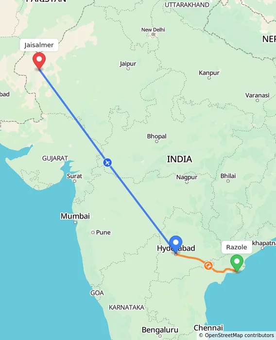 Route map showing distance and travel time from Razole, India to Jaisalmer, India