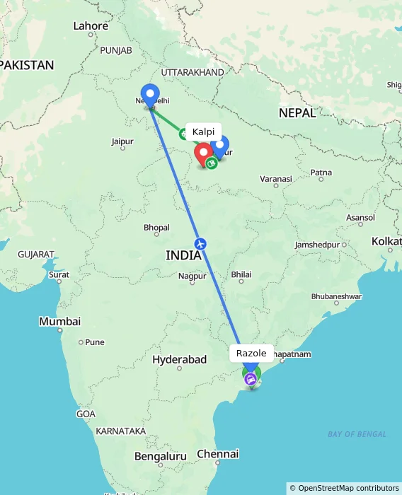 Route map showing distance and travel time from Razole, India to Kalpi, India