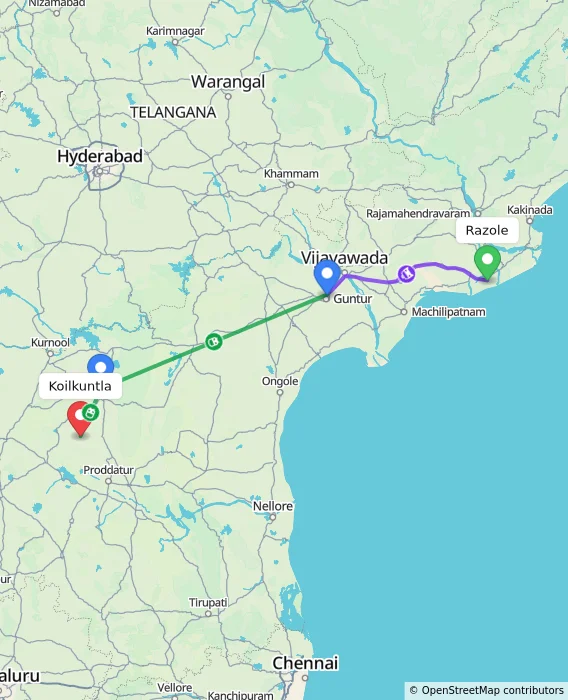 Route map showing distance and travel time from Razole, India to Koilkuntla, India