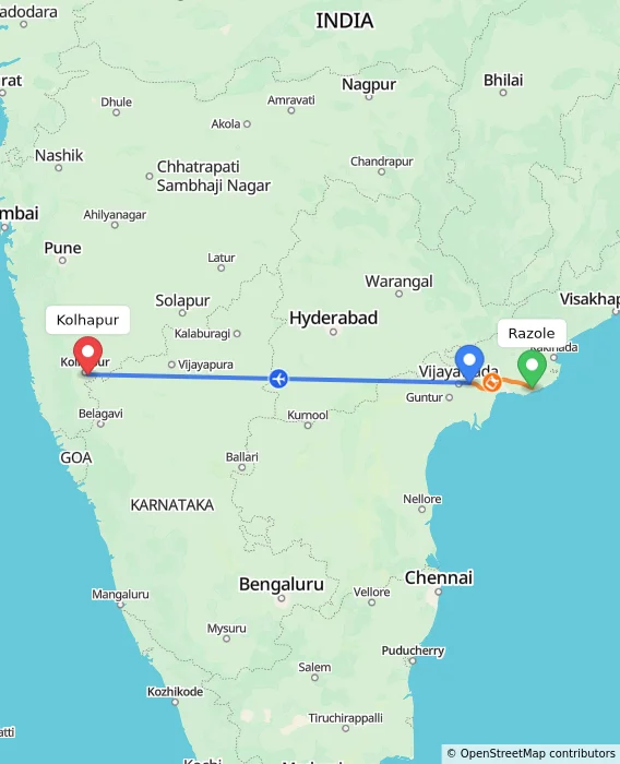 Route map showing distance and travel time from Razole, India to Kolhapur, India