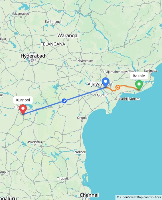 Route map showing distance and travel time from Razole, India to Kurnool, India