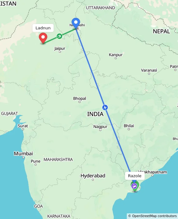 Route map showing distance and travel time from Razole, India to Ladnun, India