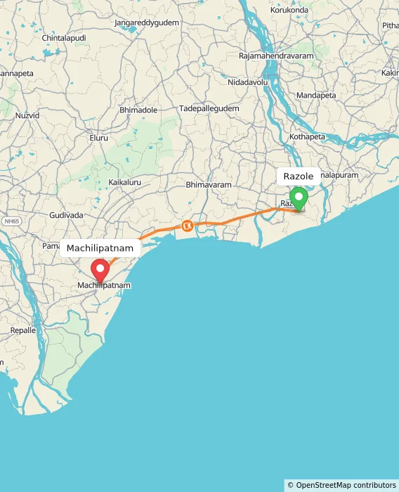 Route map showing distance and travel time from Razole, India to Machilipatnam, India