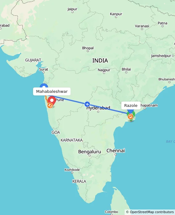 Route map showing distance and travel time from Razole, India to Mahabaleshwar, India