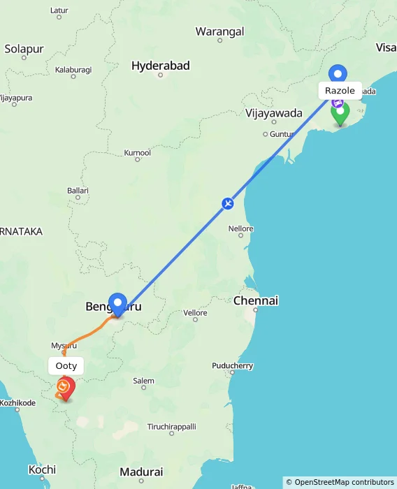 Route map showing distance and travel time from Razole, India to Ooty, India
