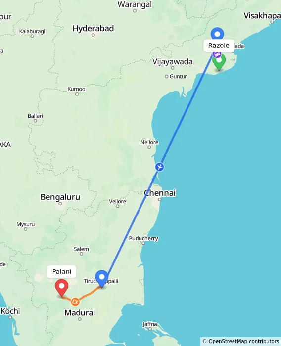 Route map showing distance and travel time from Razole, India to Palani, India