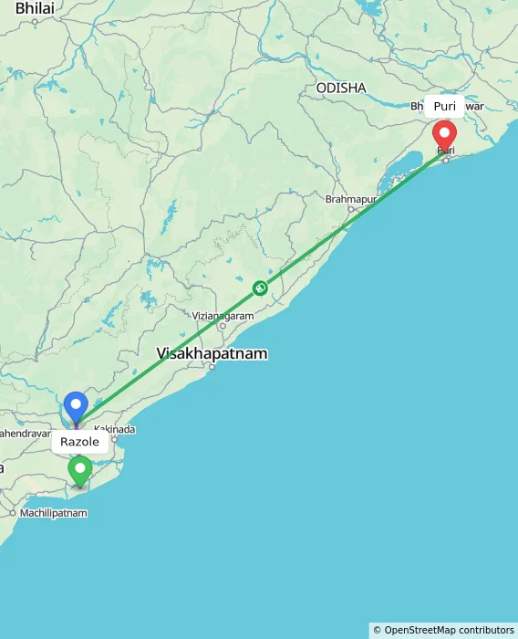 Route map showing distance and travel time from Razole, India to Puri, India