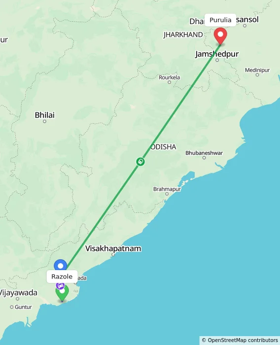 Route map showing distance and travel time from Razole, India to Purulia, India