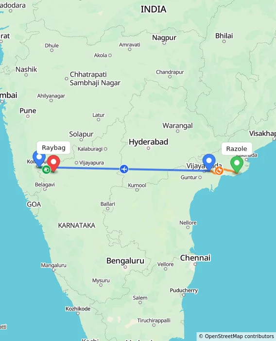 Route map showing distance and travel time from Razole, India to Raybag, India