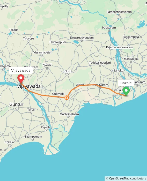 Route map showing distance and travel time from Razole, India to Vijayawada, India