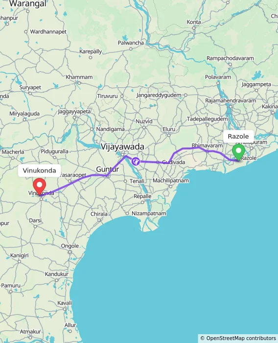 Route map showing distance and travel time from Razole, India to Vinukonda, India