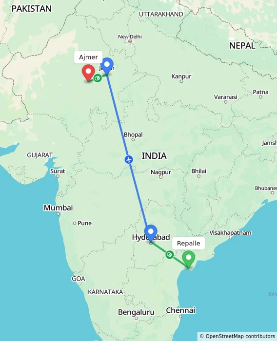 Route map showing distance and travel time from Repalle, India to Ajmer, India