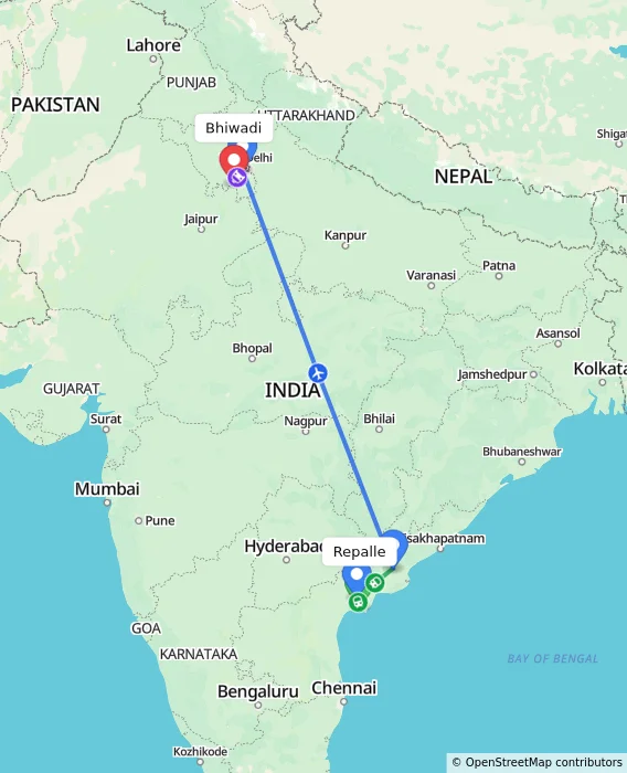 Route map showing distance and travel time from Repalle, India to Bhiwadi, India
