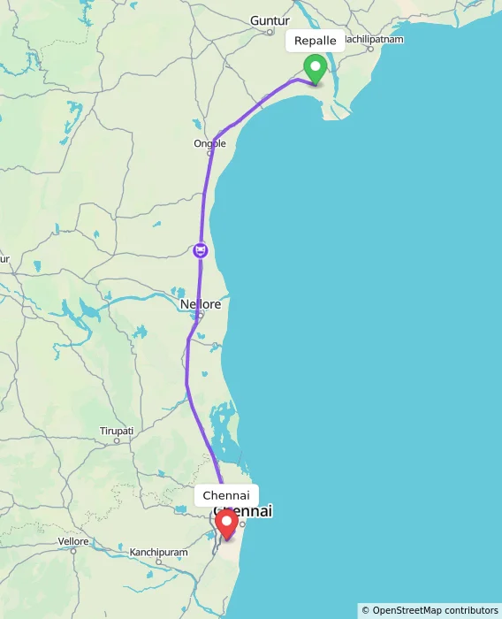 Route map showing distance and travel time from Repalle, India to Chennai, India