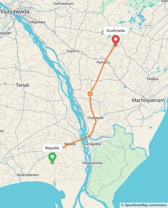 Route map showing distance and travel time from Repalle, India to Gudivada, India