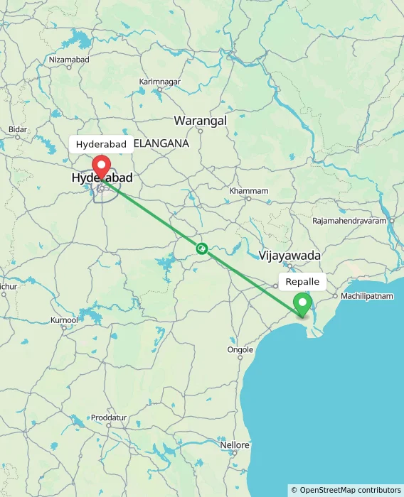 Route map showing distance and travel time from Repalle, India to Hyderabad, India