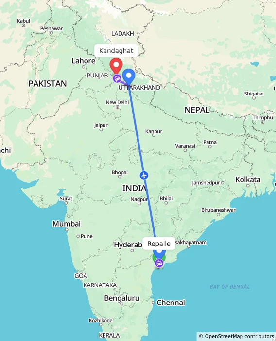 Route map showing distance and travel time from Repalle, India to Kandaghat, India