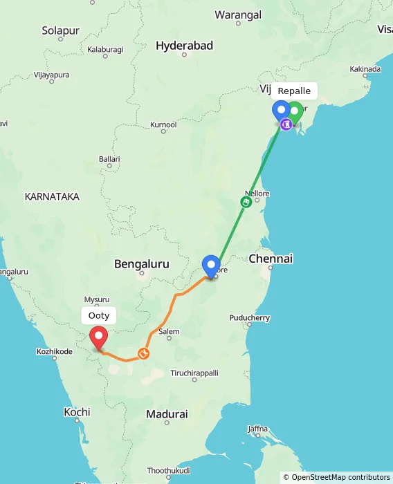 Route map showing distance and travel time from Repalle, India to Ooty, India