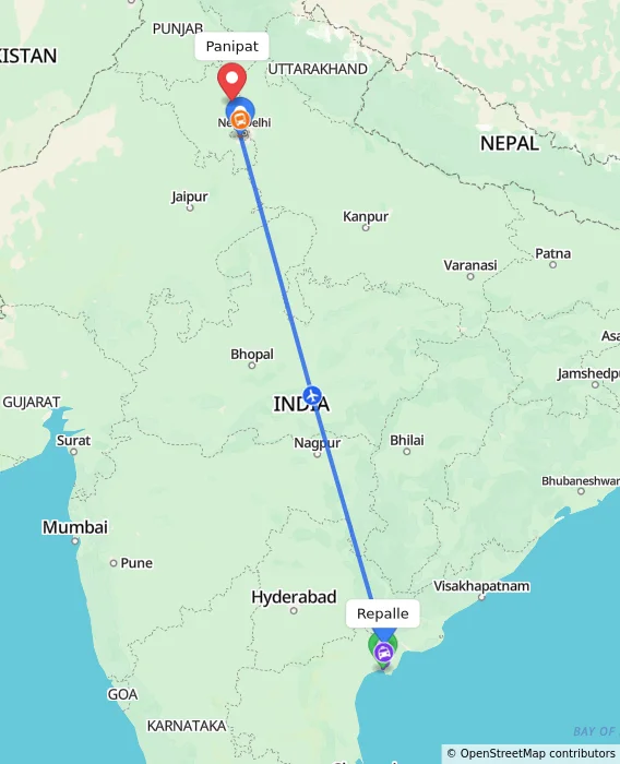Route map showing distance and travel time from Repalle, India to Panipat, India