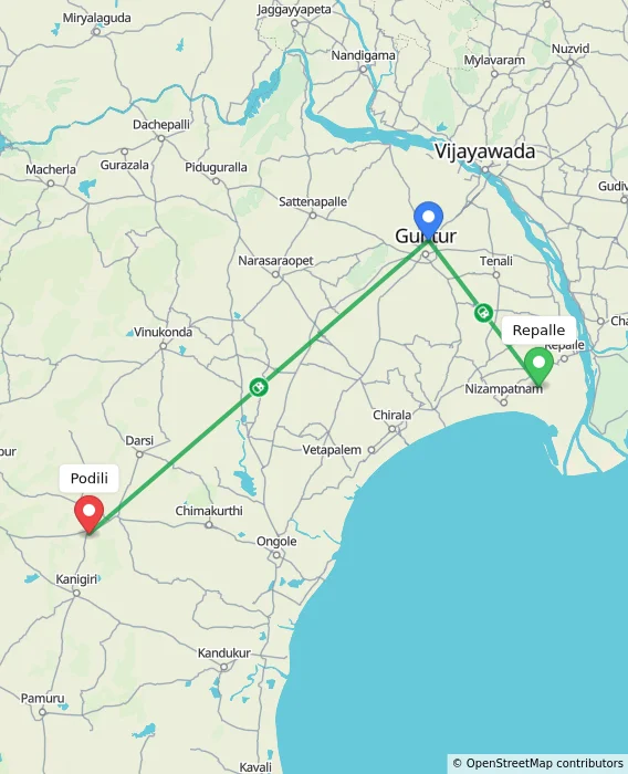 Route map showing distance and travel time from Repalle, India to Podili, India
