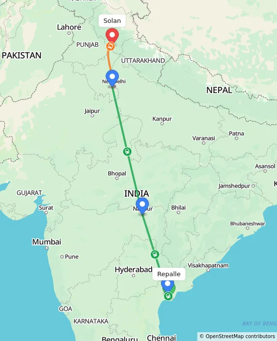 Route map showing distance and travel time from Repalle, India to Solan, India